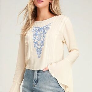 Lulu’s | Cream Bell Sleeve Embroidered Women's Top